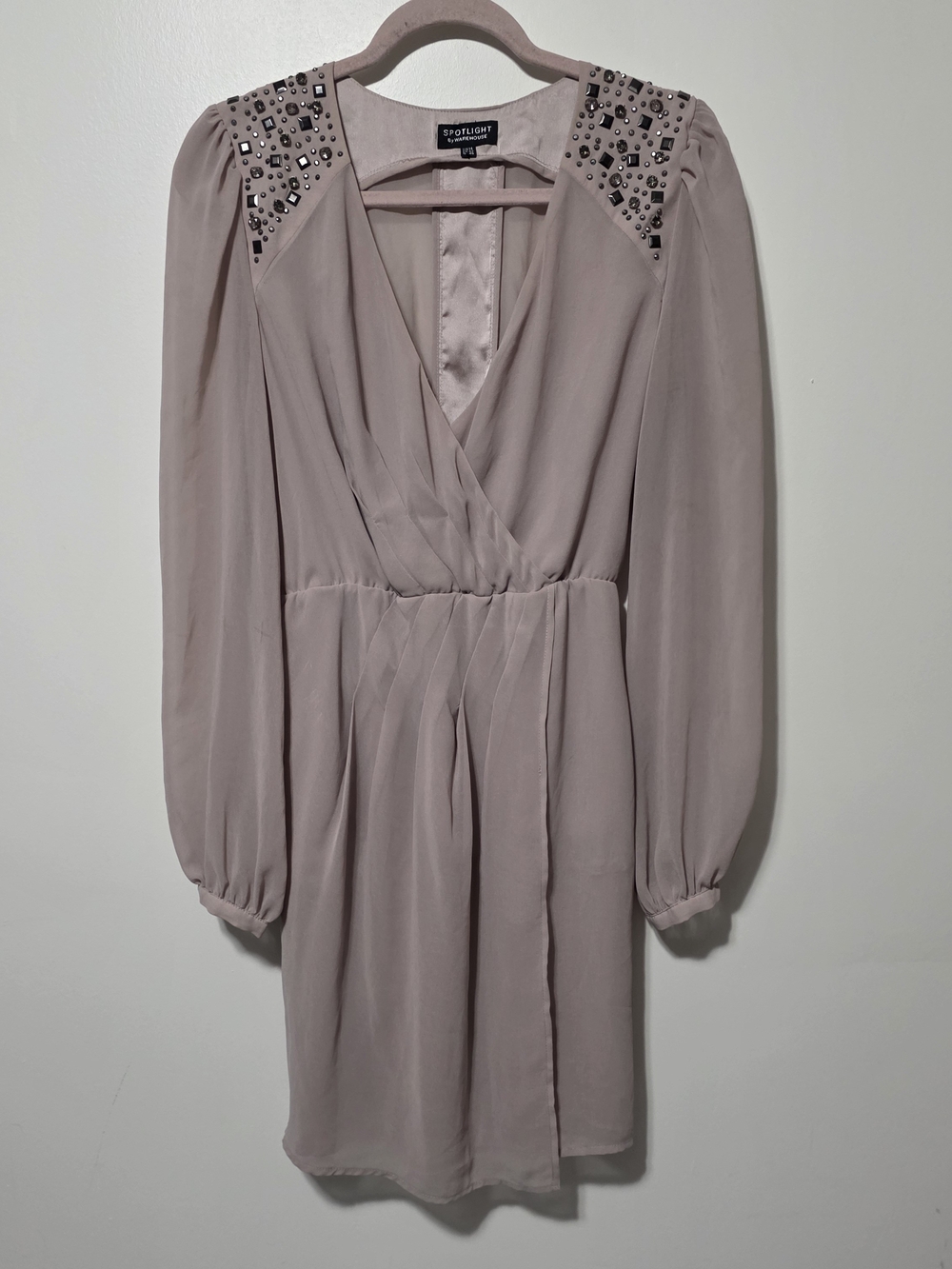 Spotlight Mauve Wrap-Front Long Sleeve Dress with Embellished Shoulders